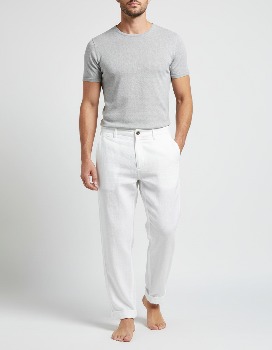 Pantalon Blanc Lin Droit Décontracté Homme Élégant