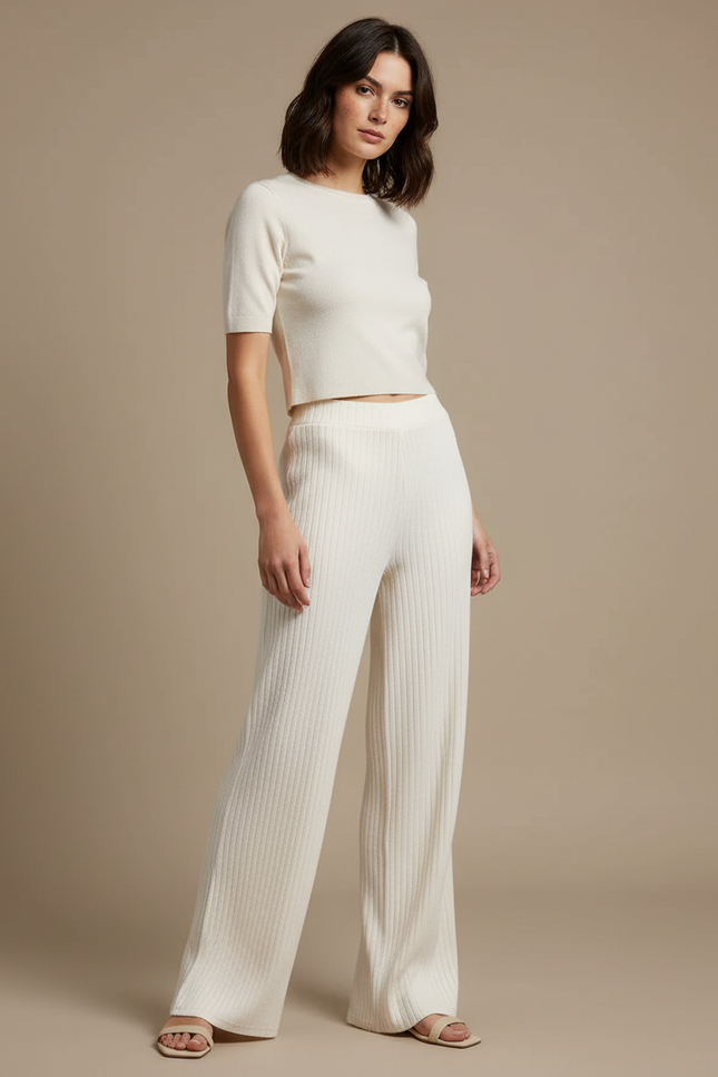 Pantalon Blanc Côtelé Tricoté Droit Élégant Femme - Maille