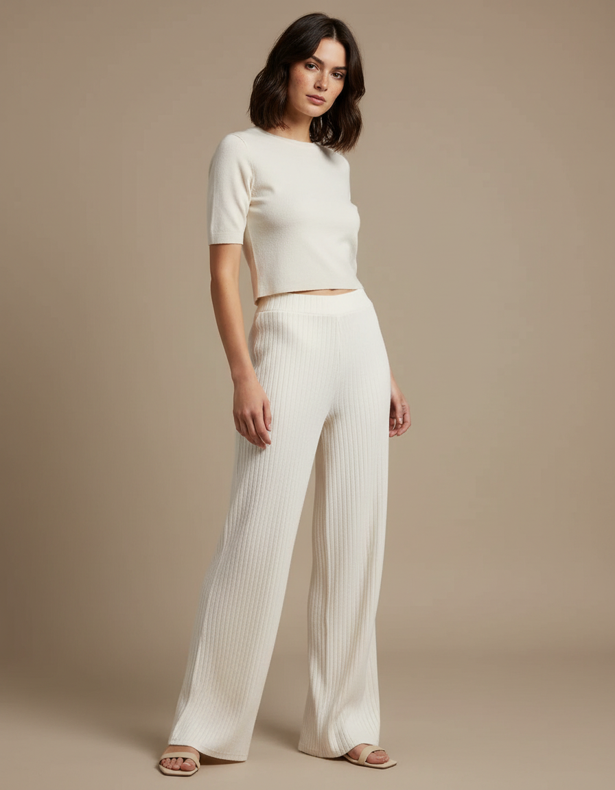 Pantalon Blanc Côtelé Tricoté Droit Élégant Femme - Maille