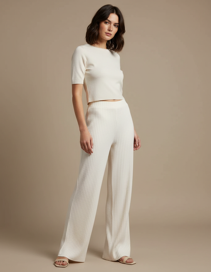Pantalon Blanc Côtelé Tricoté Droit Élégant Femme - Maille