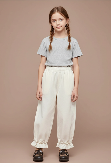 Pantalon Blanc Ample Droit Volants Enfant Fille - Coton