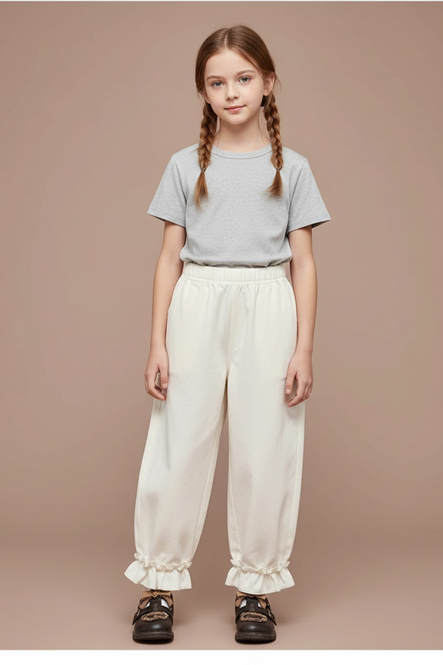 Pantalon Blanc Ample Droit Volants Enfant Fille - Coton
