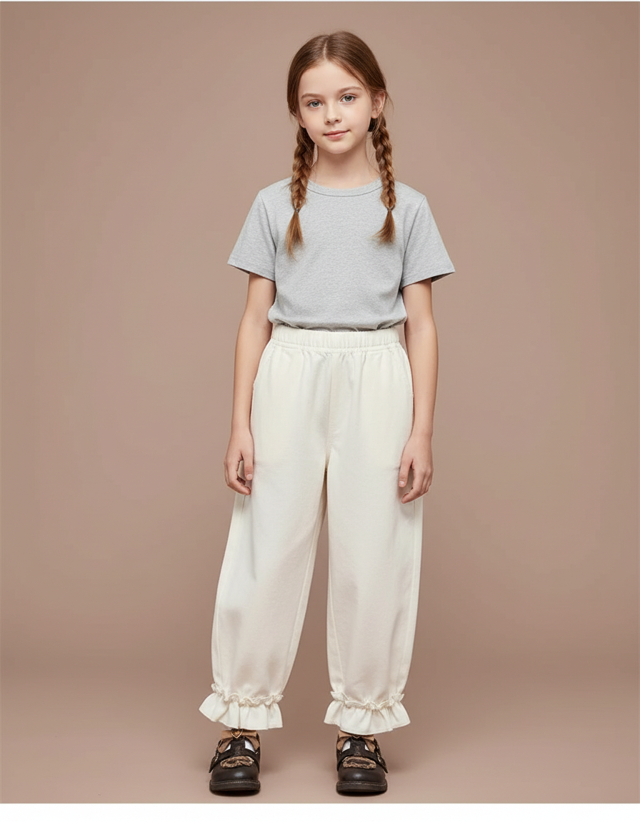 Pantalon Blanc Ample Droit Volants Enfant Fille - Coton