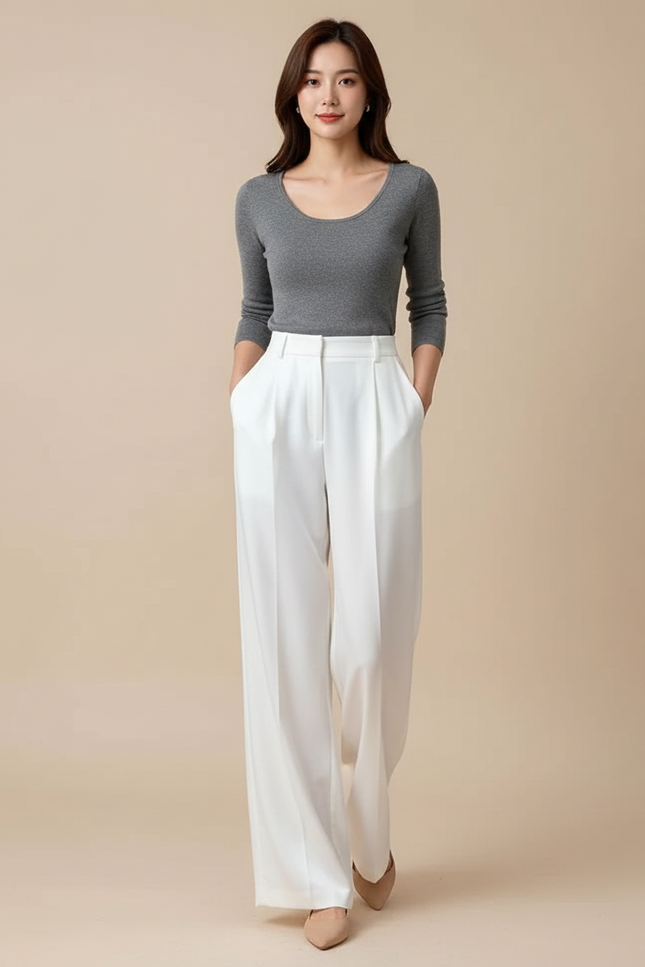 Pantalon Blanc Fluide Ample Taille Haute Femme - Polyester