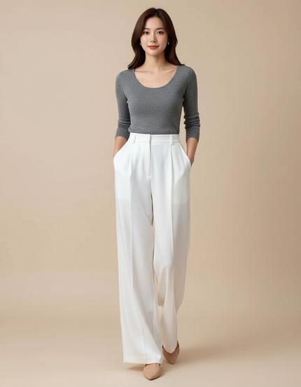 Pantalon Blanc Fluide Ample Taille Haute Femme - Polyester