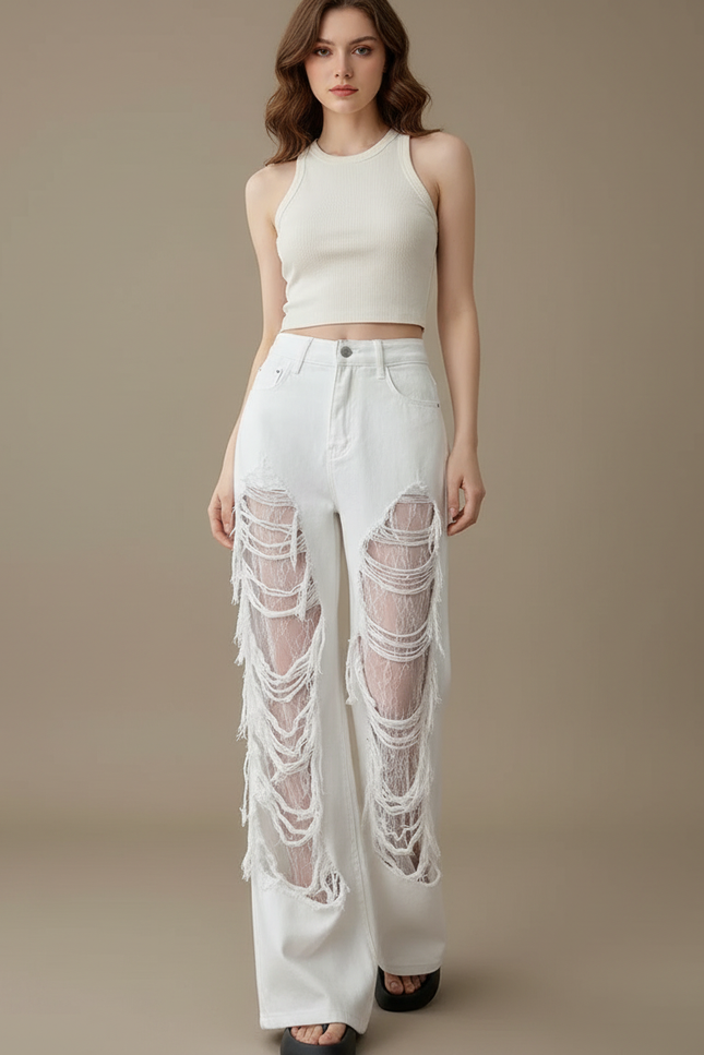 Pantalon Blanc Jean Ample Déchiré Dentelle Femme
