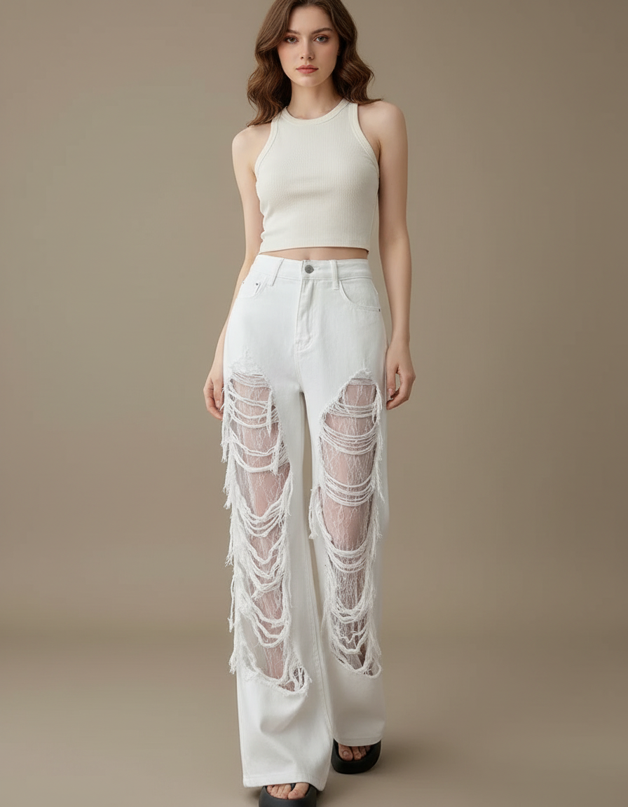 Pantalon Blanc Jean Ample Déchiré Dentelle Femme