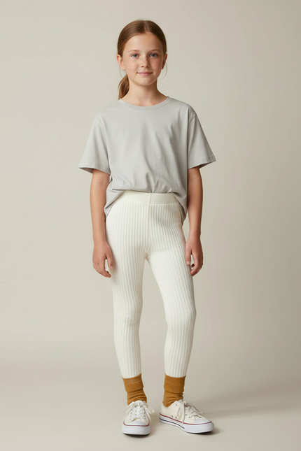 Pantalon Blanc Côtelé Tricoté Slim Fille Confortable - Maille