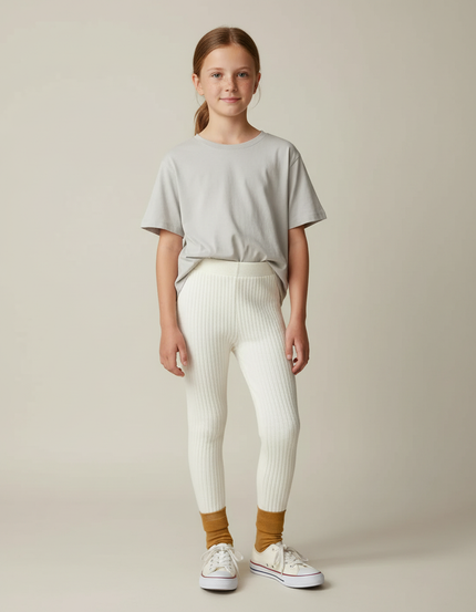 Pantalon Blanc Côtelé Tricoté Slim Fille Confortable - Maille
