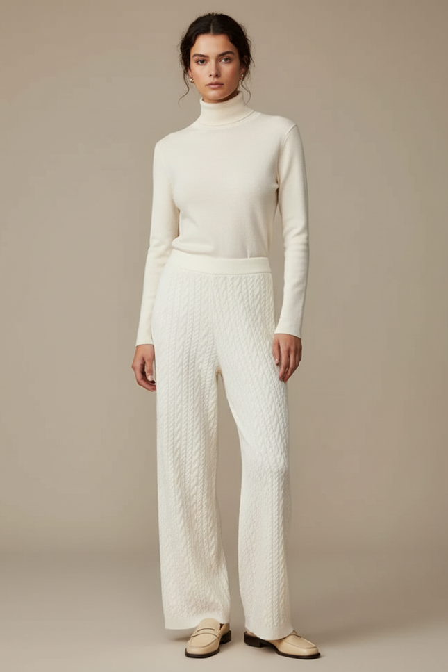 Pantalon Blanc Tricoté Câblé Droit Confortable Femme - Maille