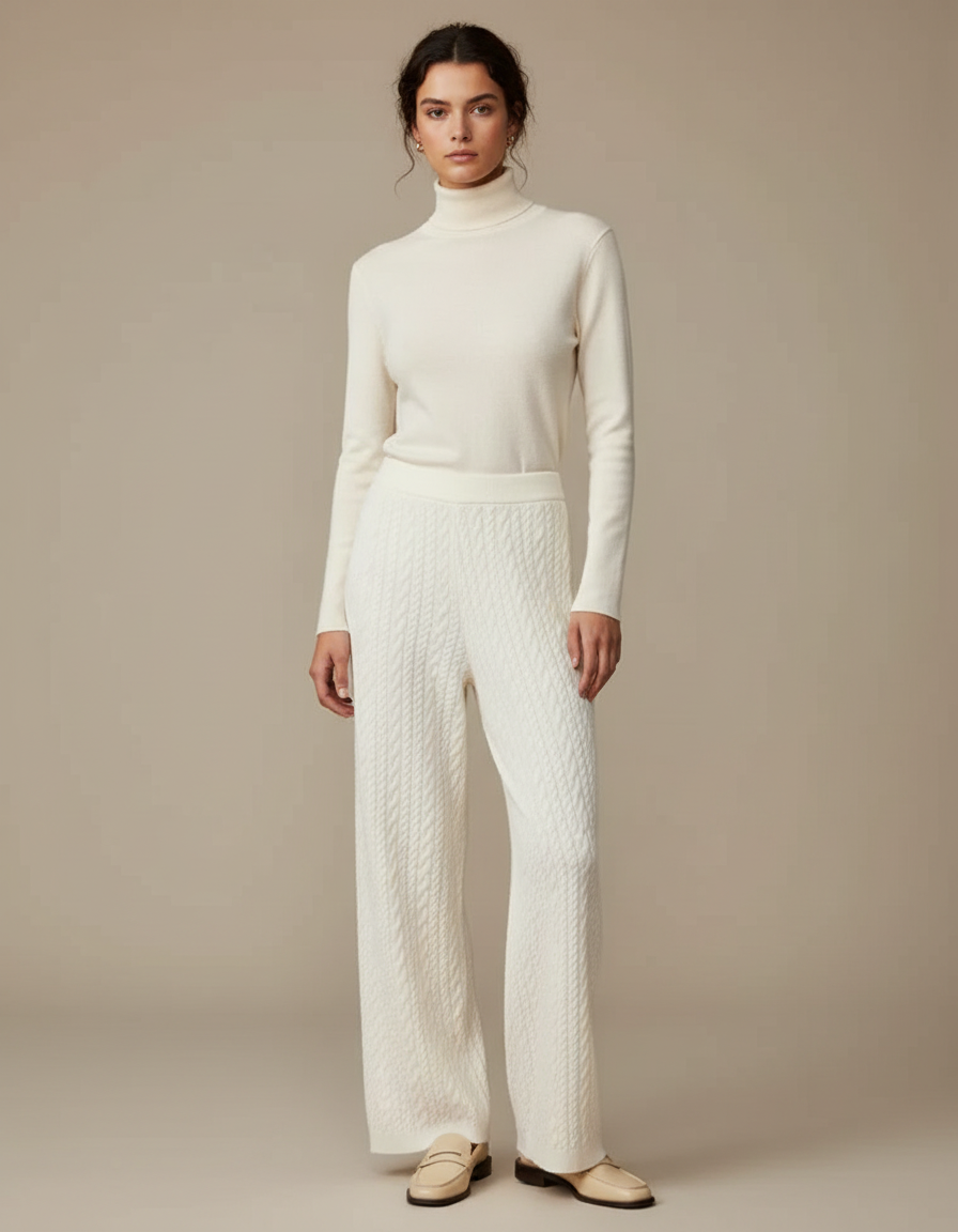 Pantalon Blanc Tricoté Câblé Droit Confortable Femme - Maille