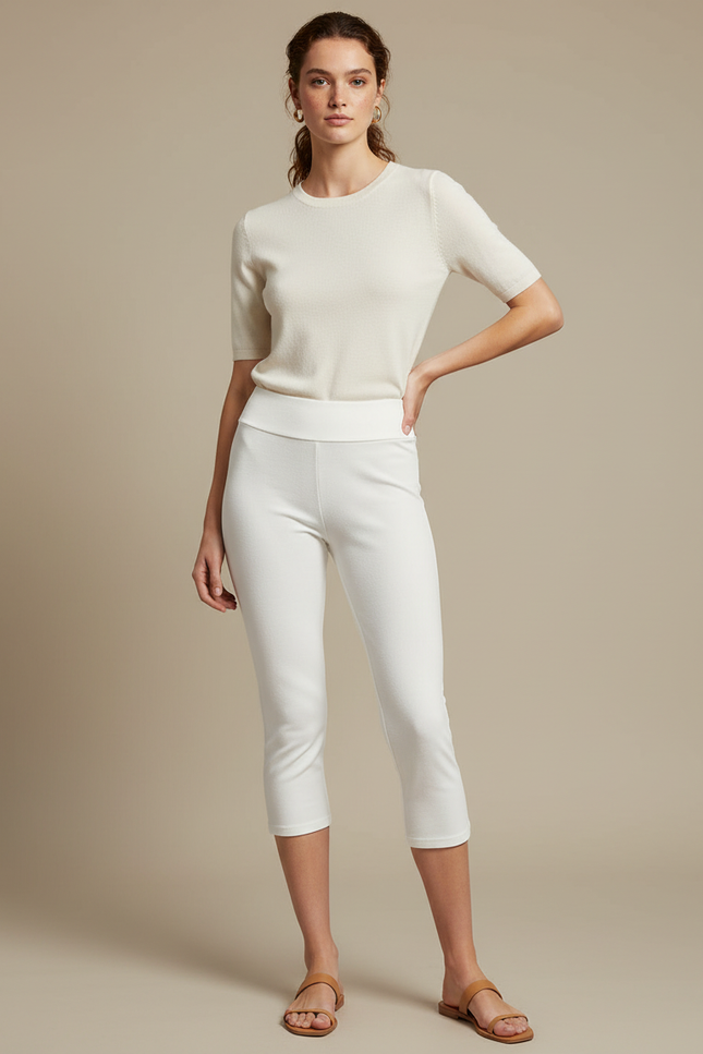Pantalon Blanc Capri Taille Haute Stretch Slim Femme - Maille
