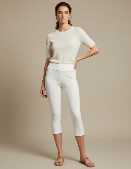 Pantalon Blanc Capri Taille Haute Stretch Slim Femme - Maille