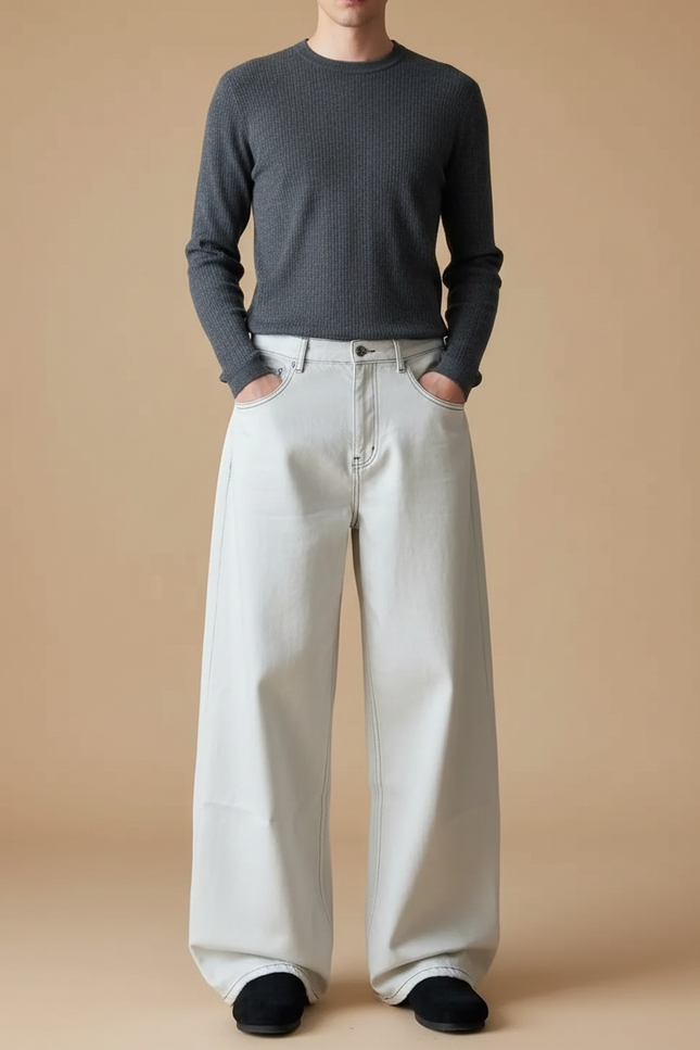 Pantalon Blanc Ample Décontracté Large Homme - Jean