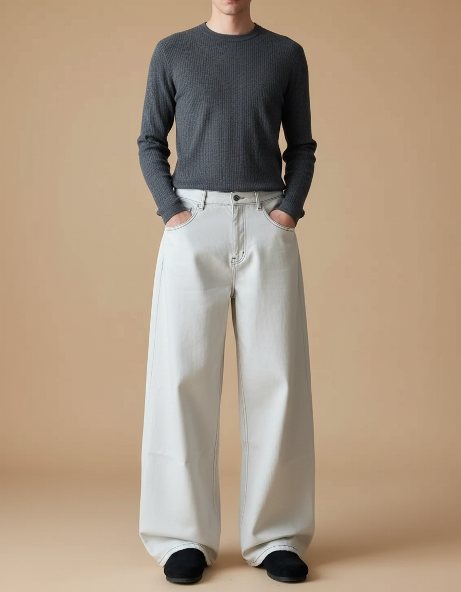 Pantalon Blanc Ample Décontracté Large Homme - Jean
