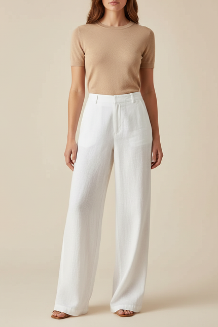 Pantalon Blanc Lin Ample Taille Haute Décontracté