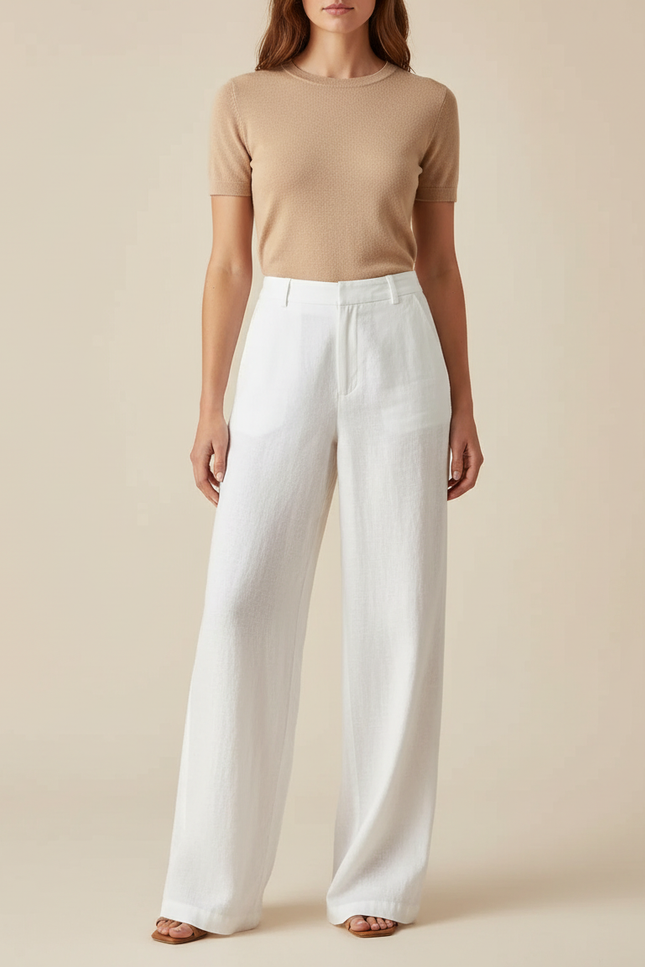Pantalon Blanc Lin Ample Taille Haute Décontracté