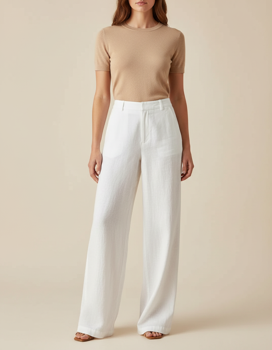 Pantalon Blanc Lin Ample Taille Haute Décontracté