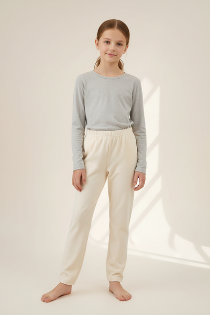 Pantalon Blanc Coton Doux Élastique Enfant Décontracté - Beige Molleton