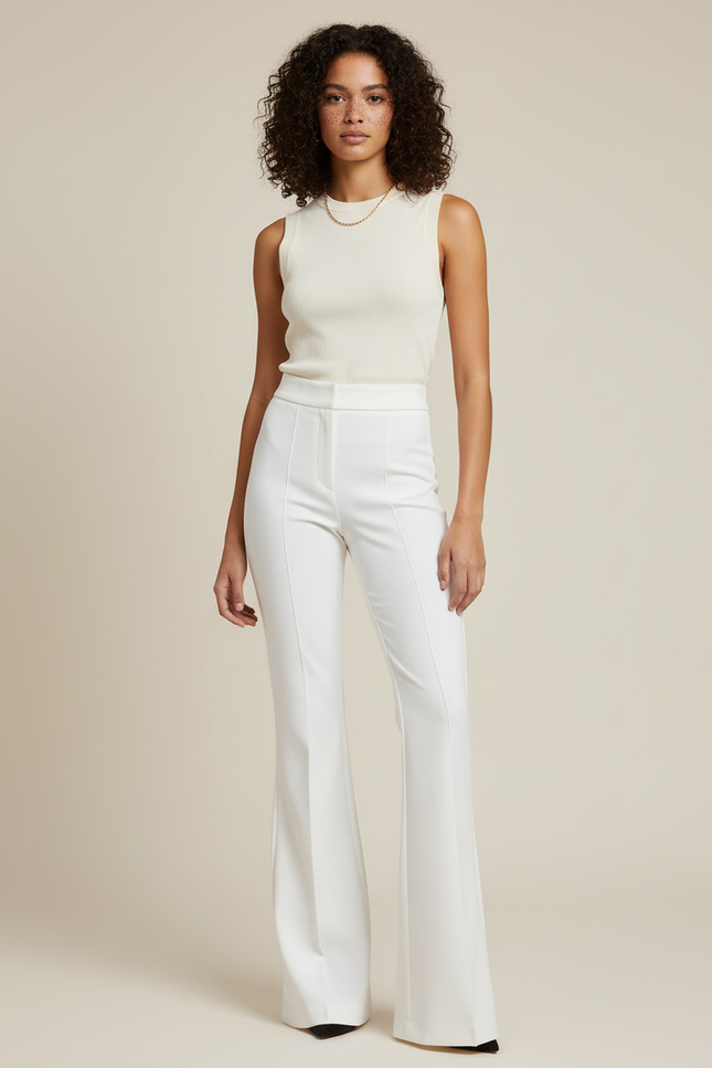 Pantalon Blanc Femme Évasé Élégant Taille Haute - Gabardine