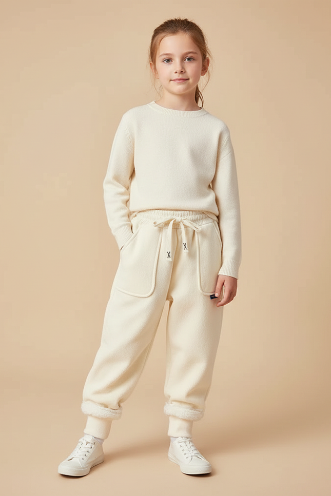 Pantalon Blanc Molletonné Cordon Décontracté Enfant - Beige