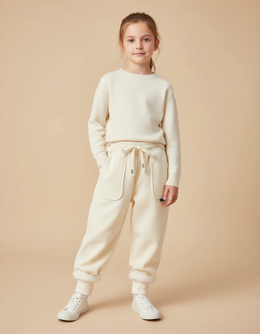 Pantalon Blanc Molletonné Cordon Décontracté Enfant - Beige