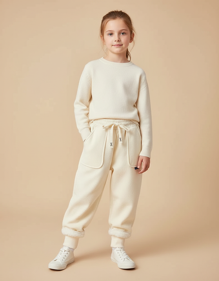 Pantalon Blanc Molletonné Cordon Décontracté Enfant - Beige