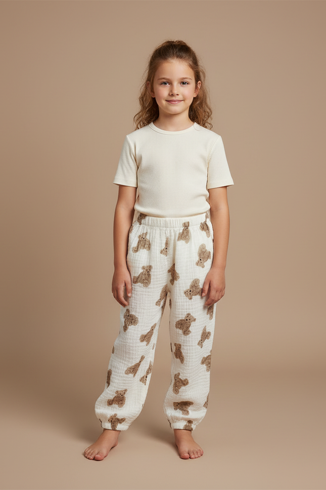 Pantalon Blanc Mousseline Ample Motif Ours Enfant - Coton