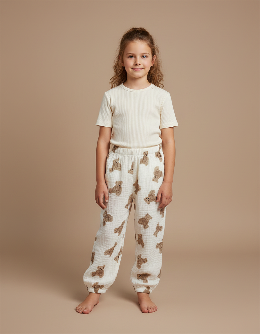 Pantalon Blanc Mousseline Ample Motif Ours Enfant - Coton