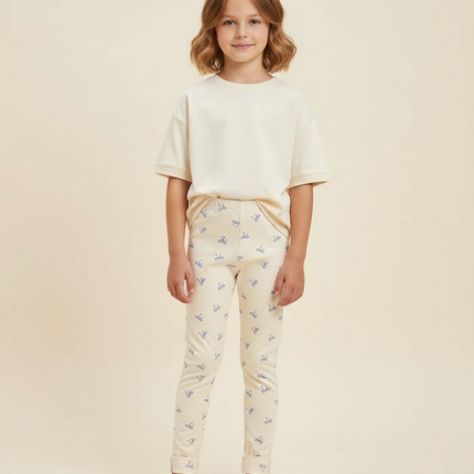 Pantalon Blanc Élastique Coton Slim Imprimé Nœuds Fille - Beige