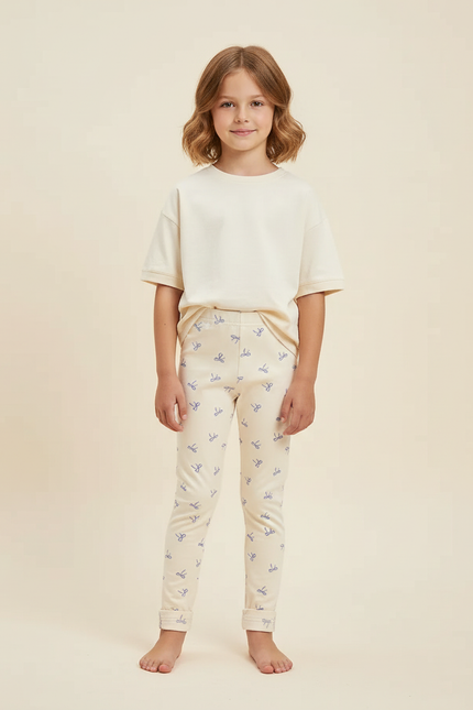 Pantalon Blanc Élastique Coton Slim Imprimé Nœuds Fille - Beige