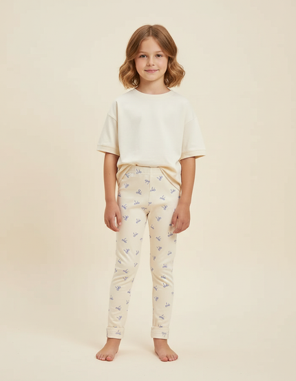 Pantalon Blanc Élastique Coton Slim Imprimé Nœuds Fille - Beige