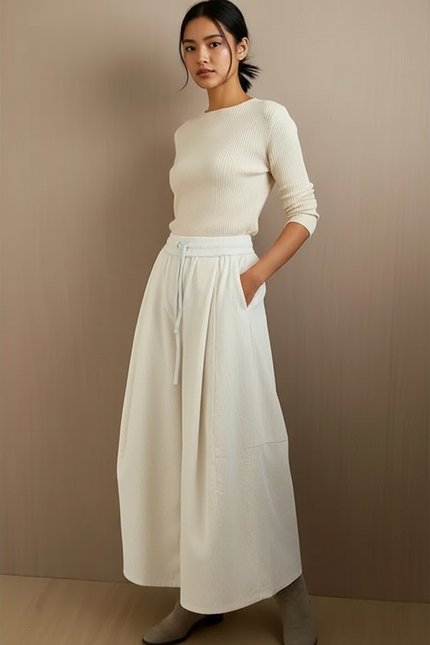 Pantalon Blanc Large Côtelé Fluide Taille Haute - Cordé