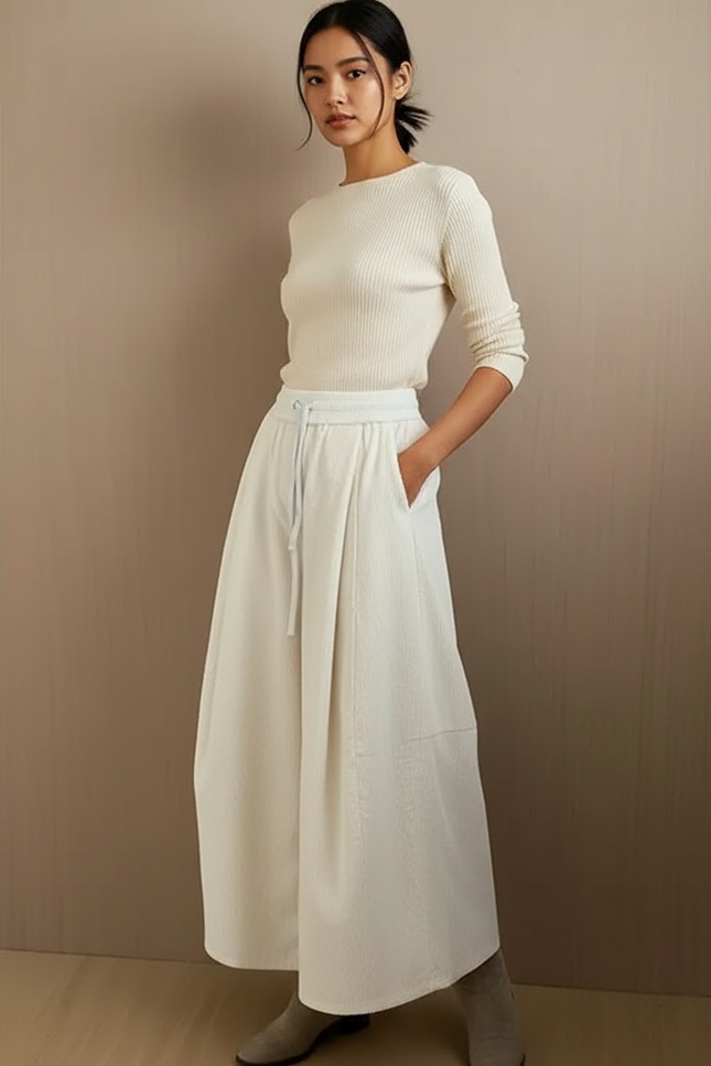 Pantalon Blanc Large Côtelé Fluide Taille Haute - Cordé