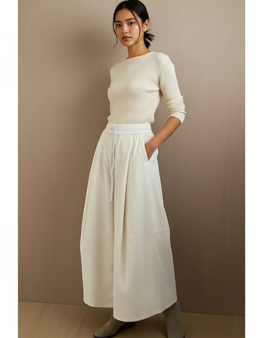 Pantalon Blanc Large Côtelé Fluide Taille Haute - Cordé