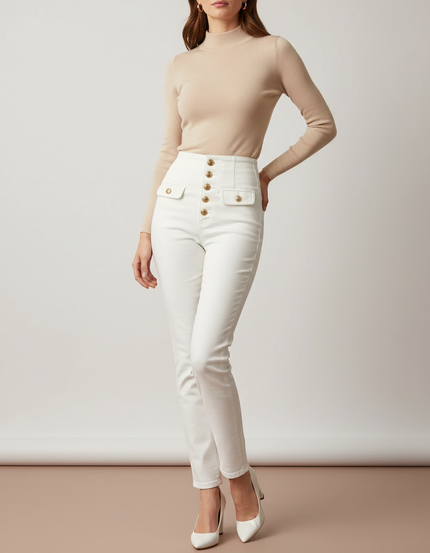 Pantalon Blanc Taille Haute Boutons Dorés Slim Femme - Jean