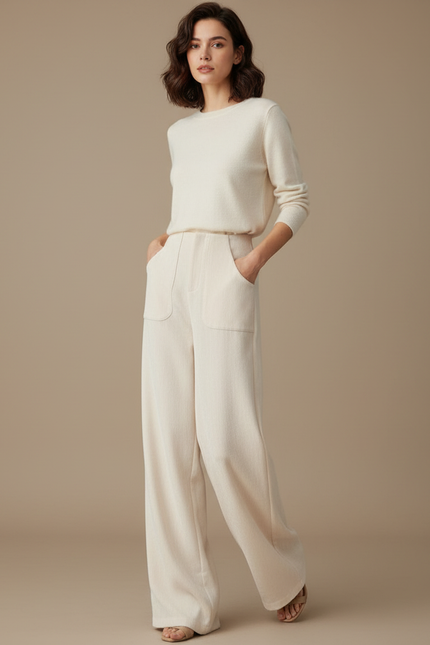 Pantalon Blanc Ample Écru Décontracté Femme Côtelé - Beige Cordé