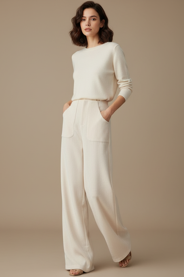 Pantalon Blanc Ample Écru Décontracté Femme Côtelé - Beige Cordé