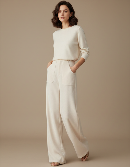 Pantalon Blanc Ample Écru Décontracté Femme Côtelé - Beige Cordé
