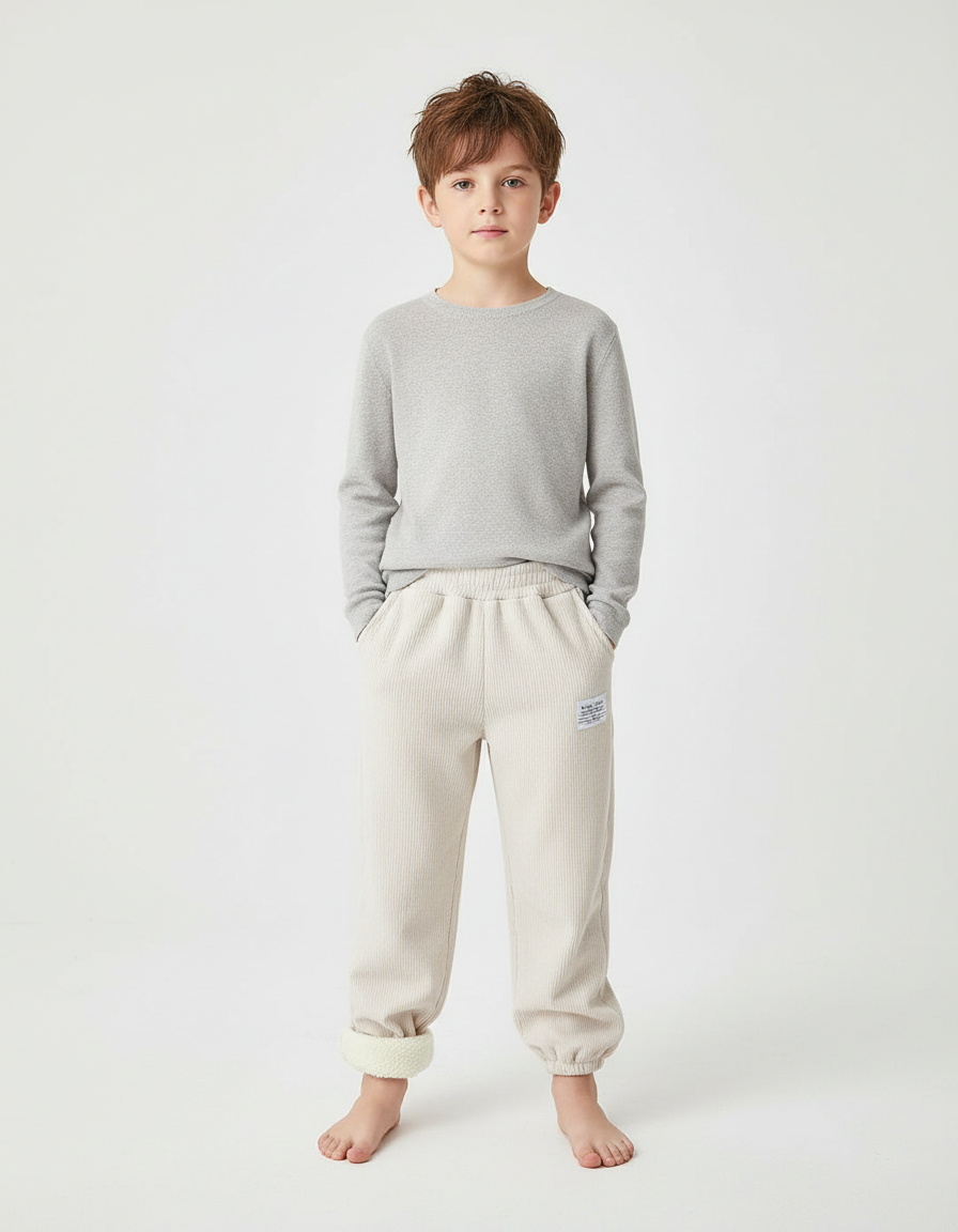 Pantalon Blanc Côtelé Ample Doux Hiver Enfant - Beige Cordé