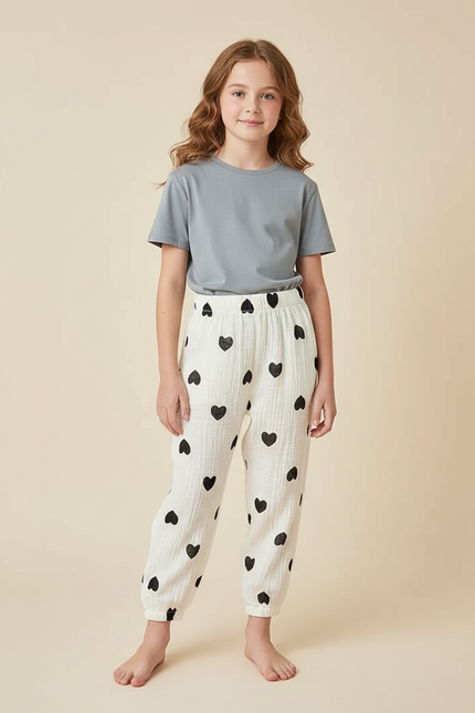 Pantalon Blanc Coton Coeurs Noirs Ample Enfant