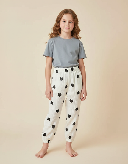Pantalon Blanc Coton Coeurs Noirs Ample Enfant