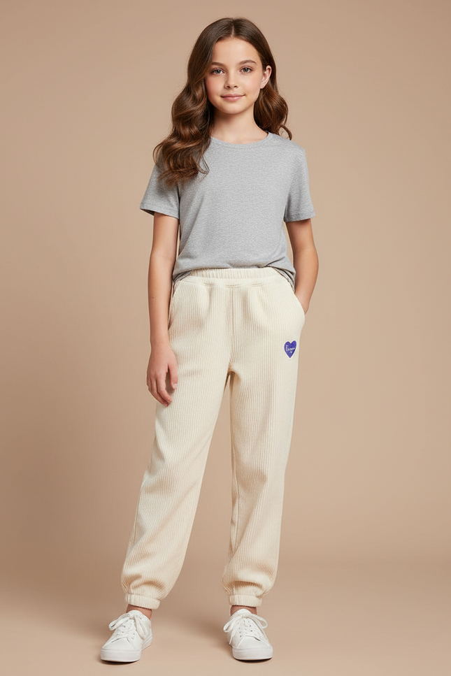 Pantalon Blanc Côtelé Ample Décontracté Fille - Beige
