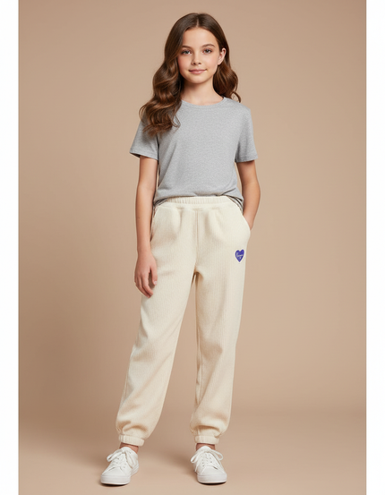 Pantalon Blanc Côtelé Ample Décontracté Fille - Beige