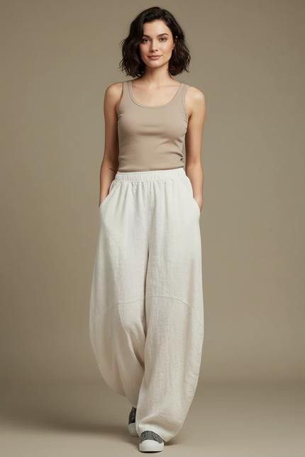 Pantalon Blanc Ample Lin Décontracté Confortable