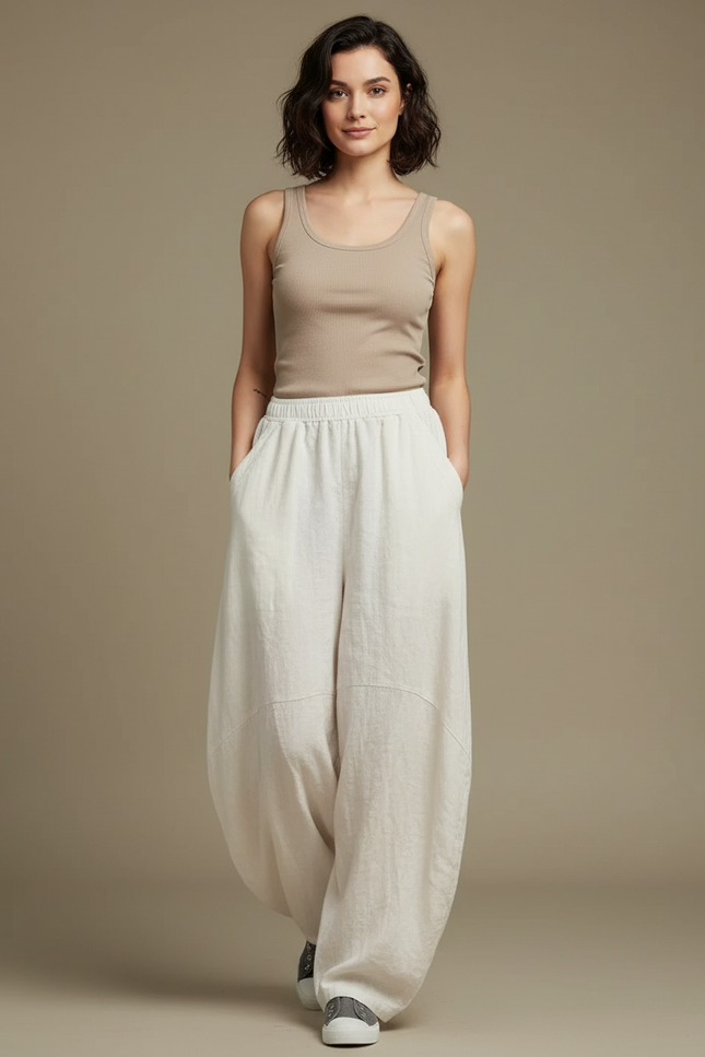 Pantalon Blanc Ample Lin Décontracté Confortable