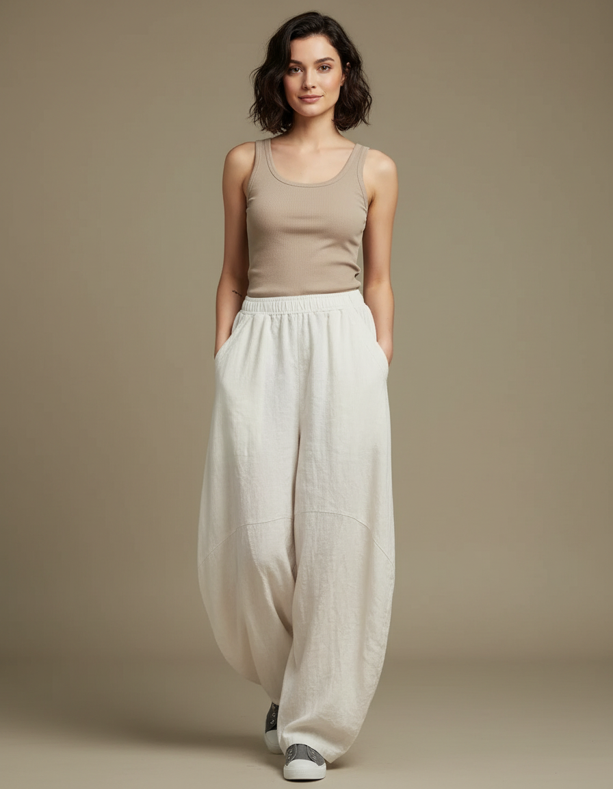 Pantalon Blanc Ample Lin Décontracté Confortable