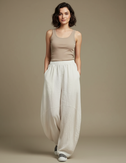 Pantalon Blanc Ample Lin Décontracté Confortable