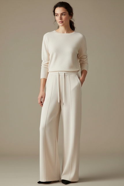 Pantalon Blanc Ample Décontracté En Maille Taille Élastique