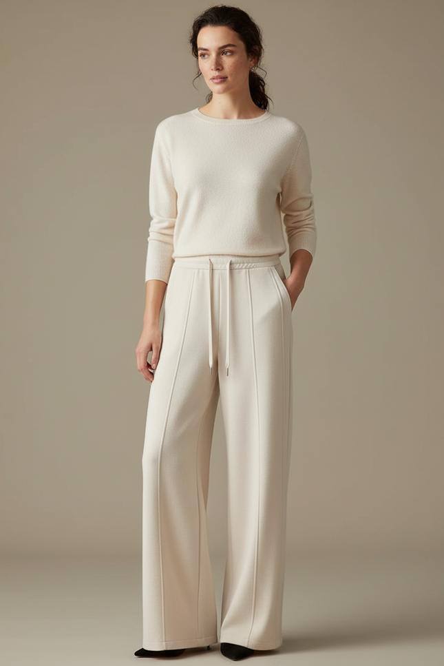 Pantalon Blanc Ample Décontracté En Maille Taille Élastique
